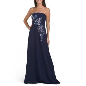 RENE BY RENE RUIZ Navy Strapless Floral Applique Gown